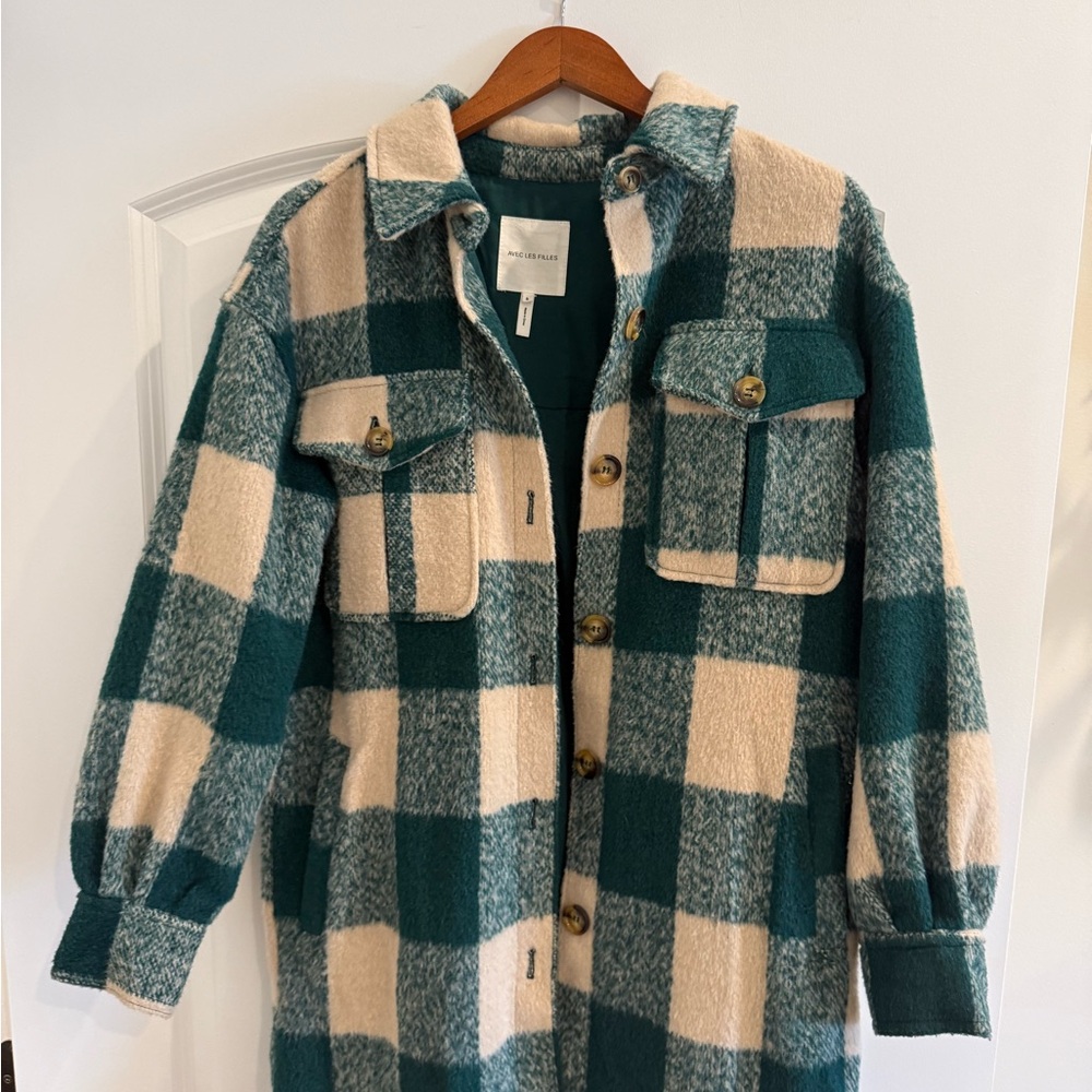 Avec Les Filles Women's Checkered Utility Jacket - Teal and Cream